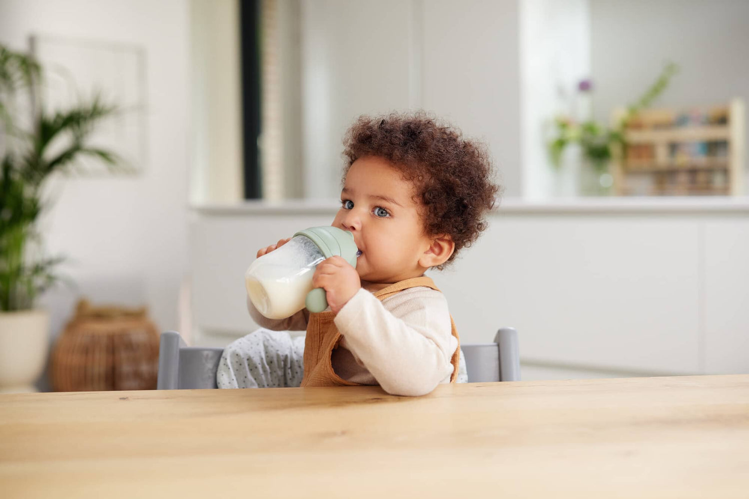 baby holding a feeding bottle filled with milk